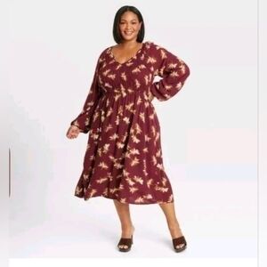 Ava & Viv Women's Balloon Long Sleeve Smocked Midi Bodice Dress  Burgundy